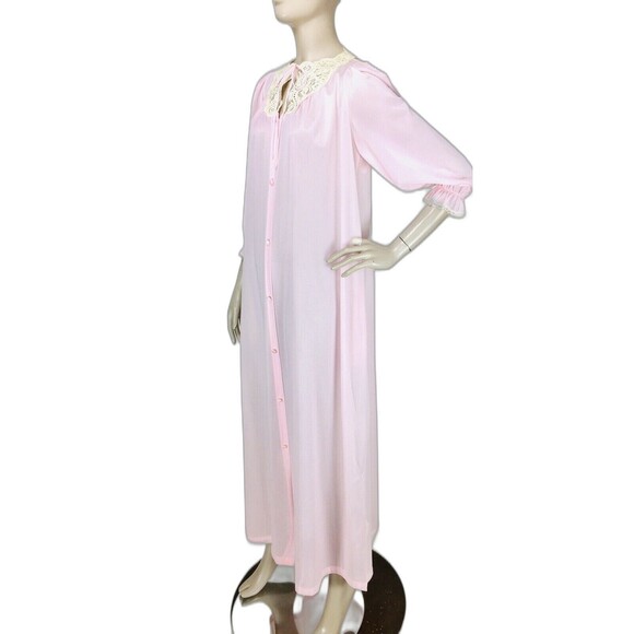 Vintage Miss Elaine Pink Nylon Lace Trim Button-Down Peignoir Robe Size Medium - Picture 5 of 12